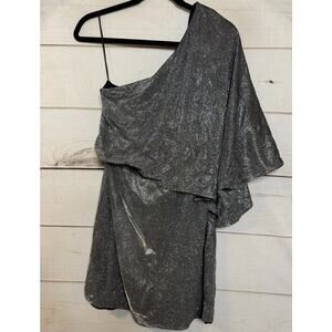 TCEC Silver Sparkle Shimmer Dress‎ L One Shoulder New Years Party Cocktail Chic